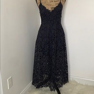 Lace overlay navy midi dress